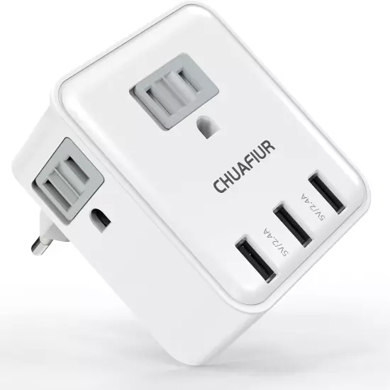 European Plug Adapter Travel Power Plug Adapter with 4 Outlets 3 USB Ports