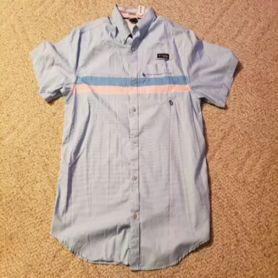 Columbia PFG Shirt Vented Button Down Mens Medium Blue Pink Striped Short Sleeve