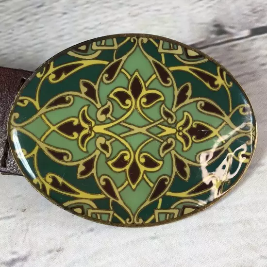 Vintage Eddie Bauer Leather Belt w/Large Green Floral Buckle Size Small