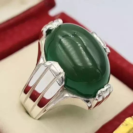 Handmade Silver Ring - Green Yemeni Aqeeq Yamani Akik Agate