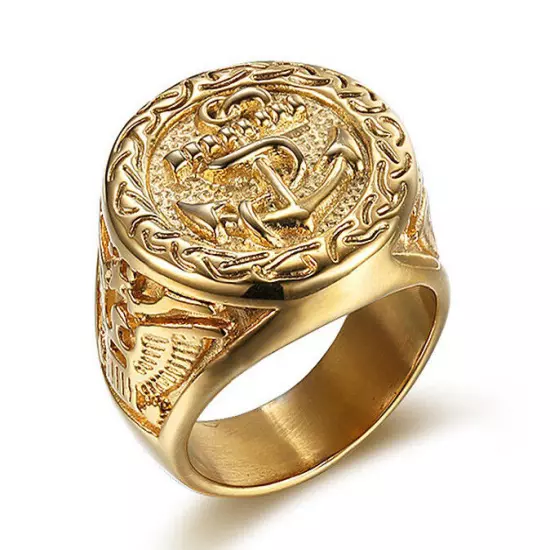 18k Gold Plated Titanium Steel Eagle Engraved Men's Cool Design Anchors Ring M62