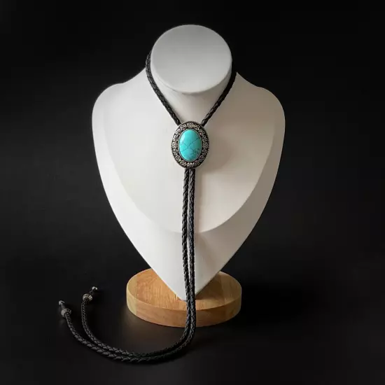 Natural Turquois Bolo Tie Western Carved Pattern Alloy PU Rope Wedding Necklace