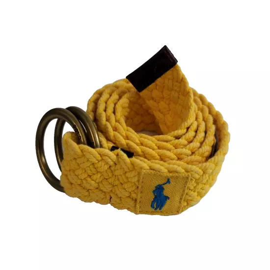 Polo Ralph Lauren Leather-Trim Canvas Belt Men Small Yellow Double D Ring Braid