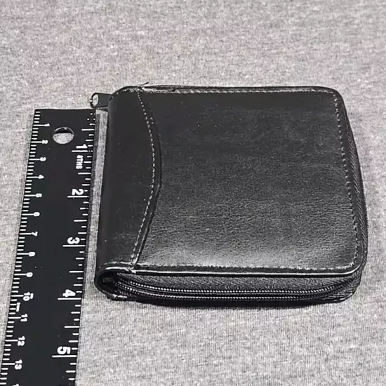 Black Leather Zip Around Wallet Unisex 8 Photo Capacity Coin Pouch Travel Money 