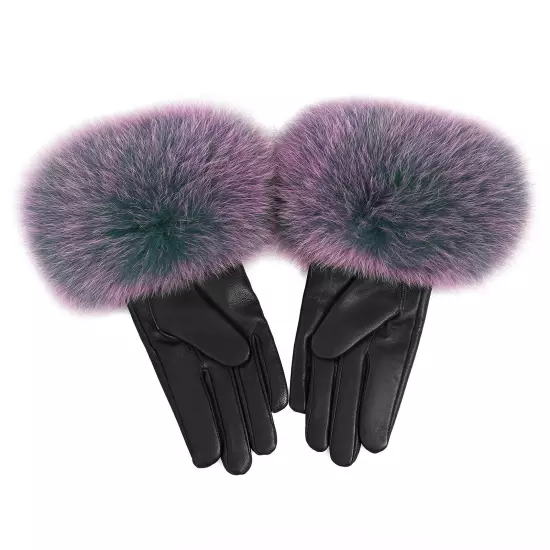 Women Genuine Lambskin Leather Gloves With Real Fox Fur Trim Cuff Winter Warm