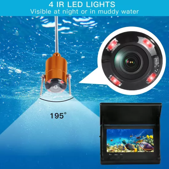 4.3" HD 195° Wide Angle Infrared Night Vision 1000TVL Underwater Fishing Camera