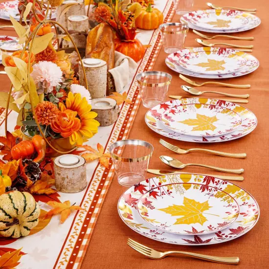 KIRE 150PCS Thanksgiving Plates Dinnerware Maple Leaves - Plastic Thanksgivin...