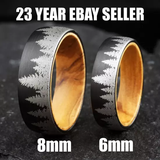 8mm Tungsten Carbide Men's Black Forest Tree Scene Olive Wood Wedding Band Ring