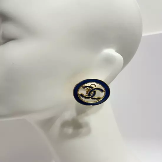 Vtg Chanel Resort 1993 Gold Blue CC Logo Clip Earrings 