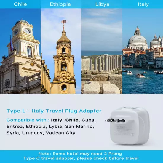 2 Pack Italy Power Adapter, Italy Travel Plug Adapter with 2 USB and 2 American