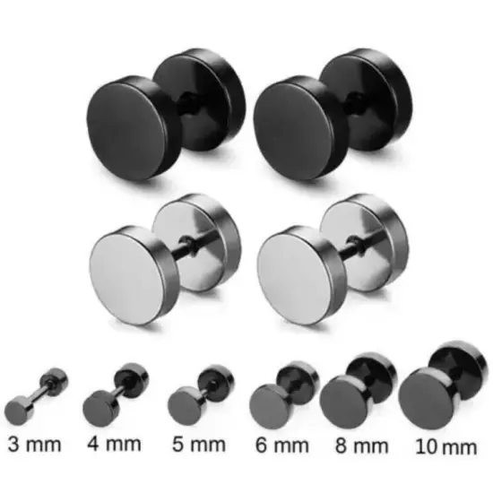 Stainless Steel Pair Black Flat Round Barbell Plug Stud Earrings Mens Gym 14-3mm