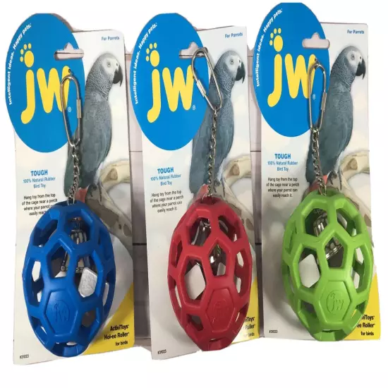 JW Bird Parrot 3 Pack Red Green Blue Hol-ee Roller w/ Bell Tough Rubber Toy NEW