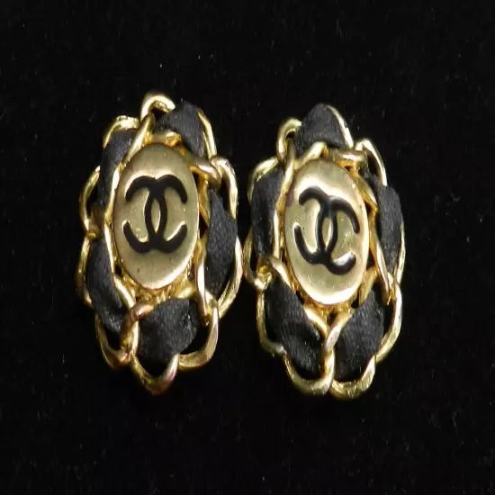 Vintage CHANEL Earrings Gold Tone & Black Leather Clips France Signed As Found