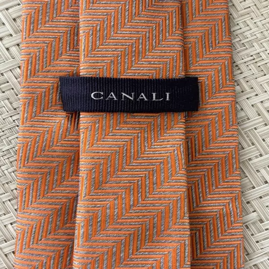 Canali Orange/Gray Chevron Print Silk Jacquard Mens’s Tie Made In Italy NEW