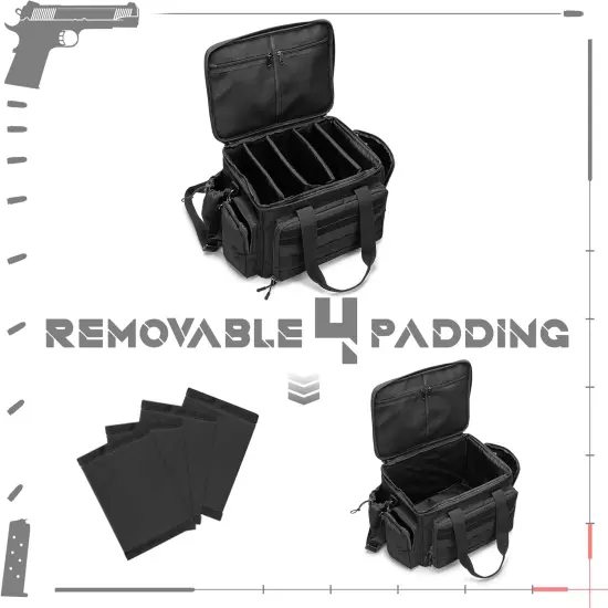 Tactical Range Bag, Pistol Shooting Range Luggage Bag for 4 Handguns, 6X Magazin