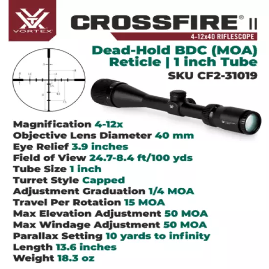 Vortex Optics Crossfire II 4-12X40 Riflescope Dead-Hold BDC MOA with Hat Bundle