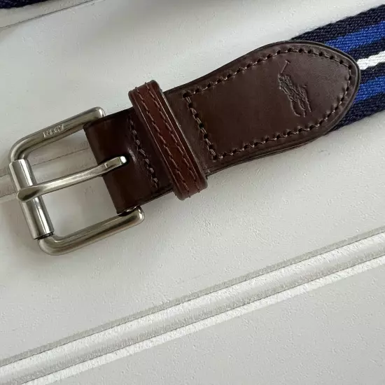 Ralph Lauren Polo Belt Blue Striped Cotton Canvas Leather Trim Buckle Size 34 35