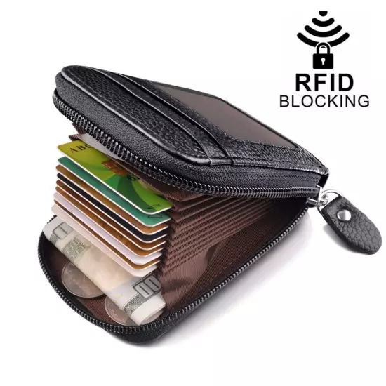 Men Leather Credit Card Holder RFID-Blocking Zipper Pocket Wallet with ID Window