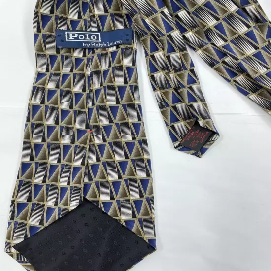 Polo Ralph Lauren Blue Beige Geometric Necktie Silk Tie 4" x 56"