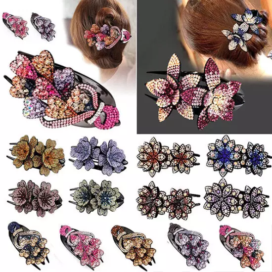 Ladies Rhinestone Double Flower Hair Clip Barrettes Crystal Comb Large Catch 1x-