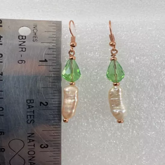 Handmade ~ Copper ~ AB Light Green Crystal and Pearl ~ 2 1/4" Drop Earrings