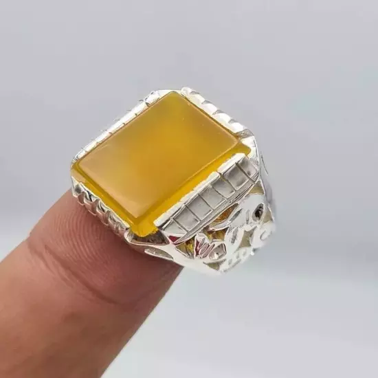 Aqeeq Akik Hakik Bague - Handmade Natural Yellow Yemeni Aqeeq Ring, Stunning Des