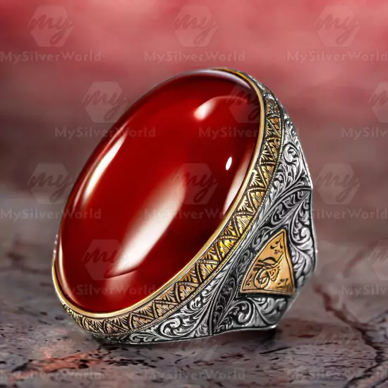 925 Sterling Silver Agate Stone Turkish Handmade Huge Men's Ring