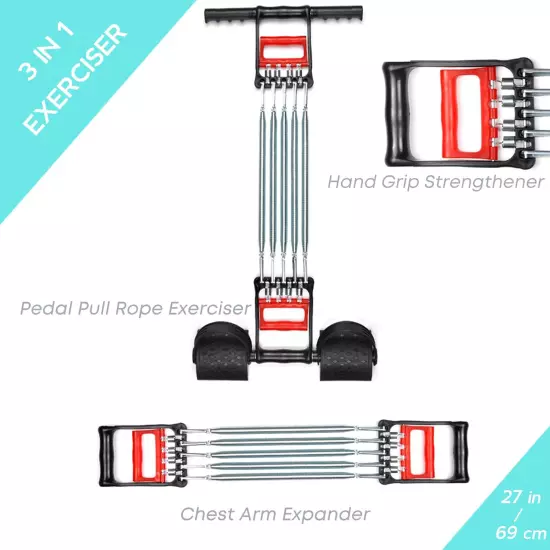 3 in 1 Exerciser - Spring Chest Expander, Hand Grip Strengthener, Pedal Pull - 5