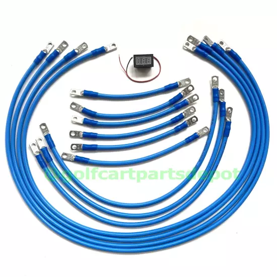 Set of 13 - 4 Awg HD Golf Cart Battery Cable BLUE TXT E-Z-GO Set w/voltmeter