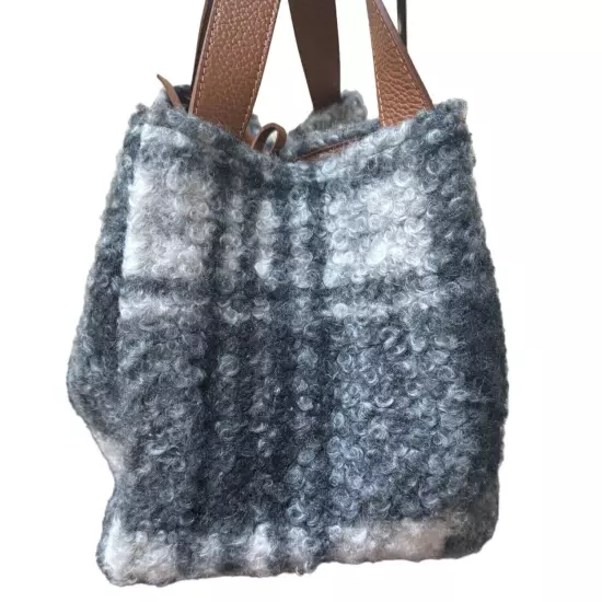 Sundance Maple Glen Teddy Plaid Tote Bag Felted Textured Pebbled Leather Preppy 