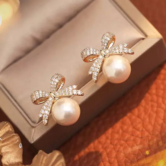 1Pair Vintage Bow Stud Earrings Rhinestone Pearl Bowknot Earrings Jewelry Gifts