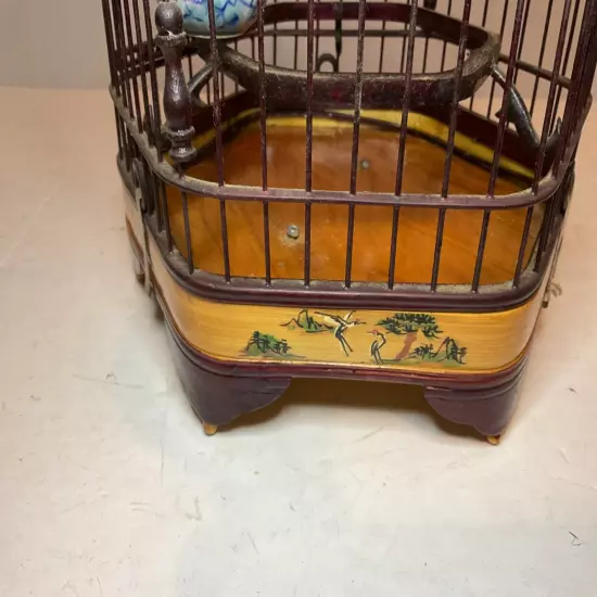 Vintage Asian Bamboo Bird Cage Painted Birds and Porcelain Feeders Nice!