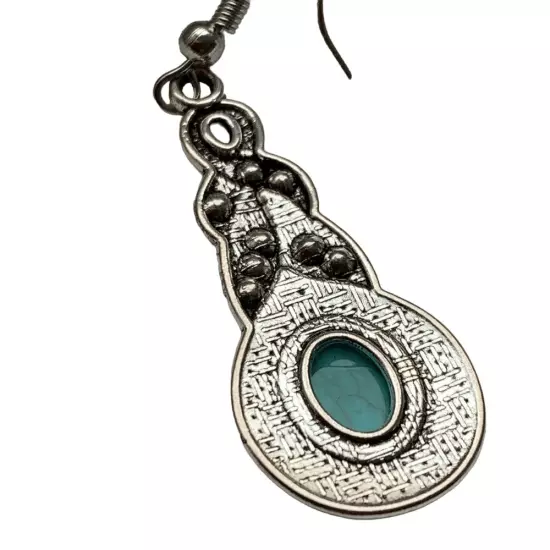 NEW Boho Chic Turquoise & Silver Drop Earrings with Crystals + Gift Pouch Unisex