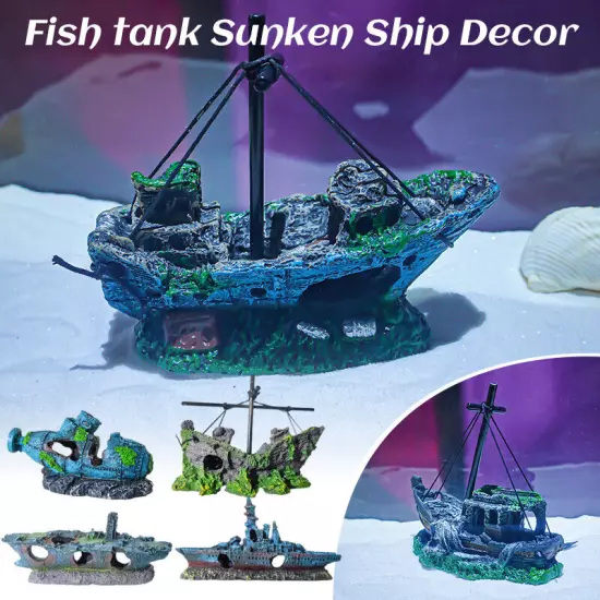 Aquarium Sunken Ship Decoration Resin Fishtank Ornaments Hideout Boat Statues