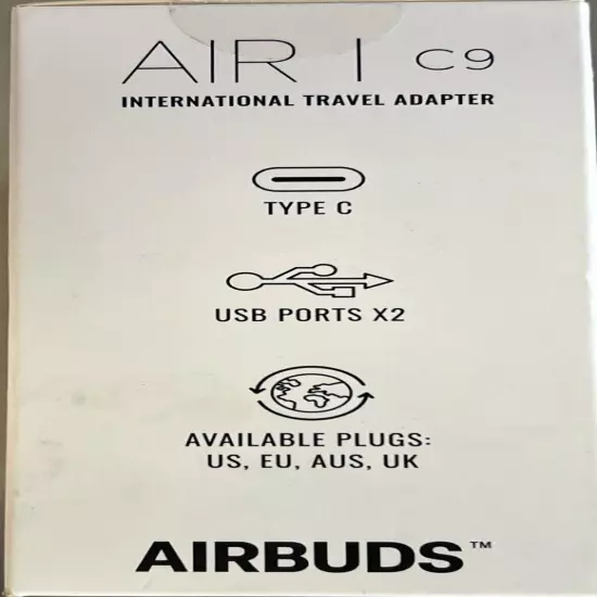 Air C9 International Travel Adaptor By Airbuds. 3 Ports Type C 2 USB