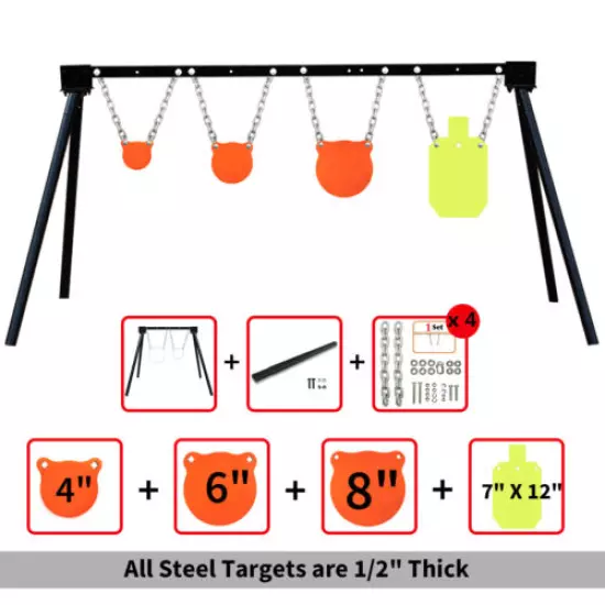 1/2" Thick AR500 Shooting Target System (1 Stand, 4 Chains&4"6"8"Gong+12"Torso)