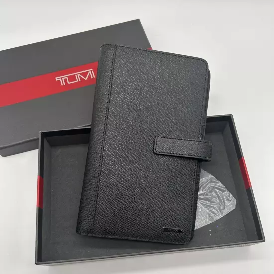 NEW TUMI Black Textured Leather Passport Case Snap Closure Zippered Wallet NIB