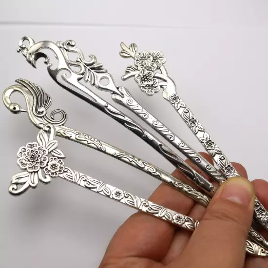 5 Pcs Tibet Silver Metal Hair Forks Traditional Hair Stick Chopstick Chignon Pin