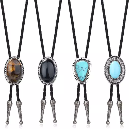 4Pcs Bolo Tie for Men Western Cowboy Natural Tiger Eye Leather Necktie Halloween