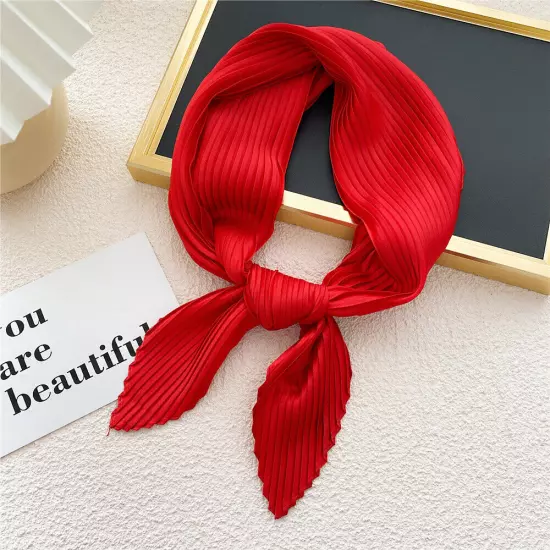 Women's Square Silk Pleated Head Hair Neck Scarf Satin Neckerchief Scarf