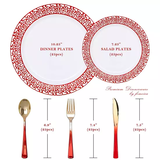 Red Plastic Dinner Plates and Red Gold Silverware - 125 Piece Disposable Prem...