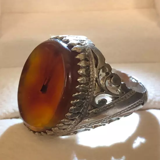 Agate Ring Men Silver 925,Yemen,Aqeeq,,Rare,Royal,خاتم عقيق يمني كبدي مصور فحل