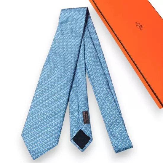 HERMES Necktie Men's Tie Sky Blue H-weave 100% Silk Made in France Free Shipping