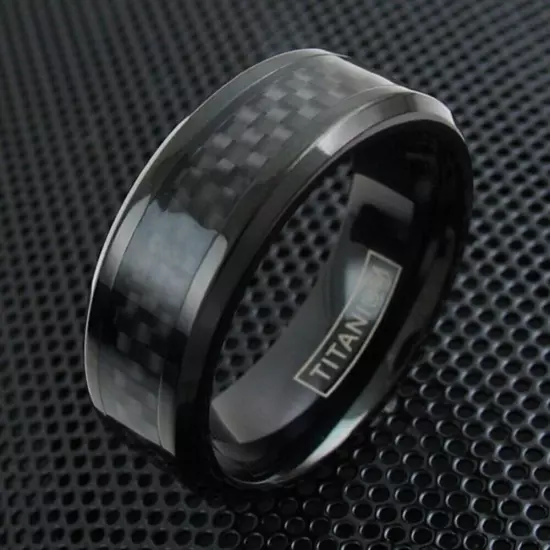 Black Titanium Men's Black Carbon Fiber Inlaid Center Band Ring Sizes 8-15