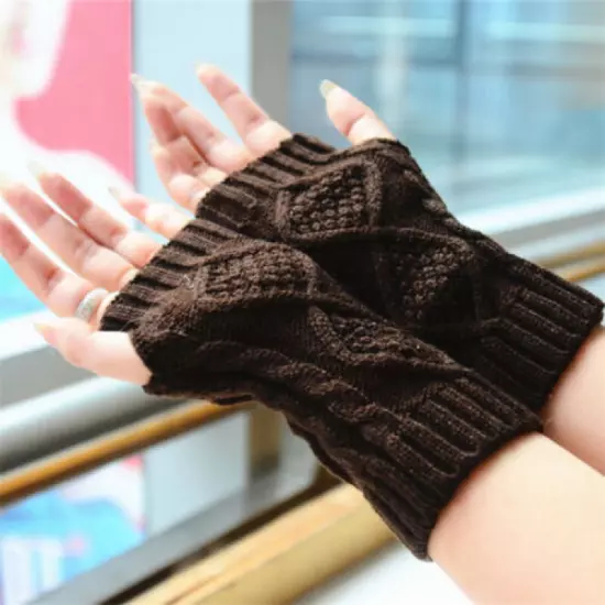 Knitted Long Fingerless Gloves Arm Sleeves Rhombus Crochet Half Finger Gloves