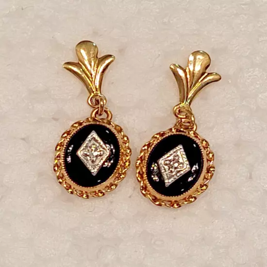 14K Gold Diamond Black Onyx Drop Pierced Earrings Vintage