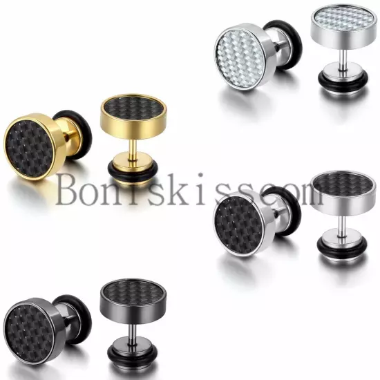 Mens Stud Earrings Stainless Steel Illusion Tunnel Plug Screw Back Carbon Fiber