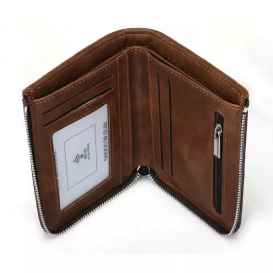 Men's RFID Blocking ID Window Zipper Pocket Leather Bifold WalletNew