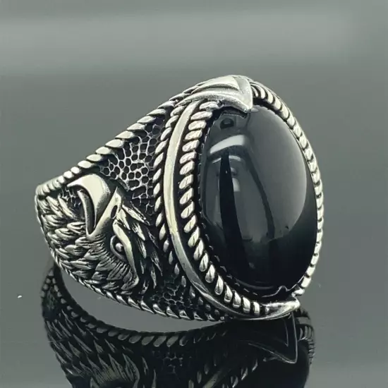 925k Silver Black Onyx Gemstone Ring Men Handmade Eagle Model Ring