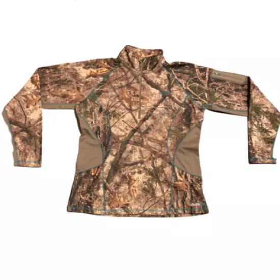 Cabelas Zonz Woodlands Camo Womens Medium 1/2 Zip Softshell Fleece Sweatshirt